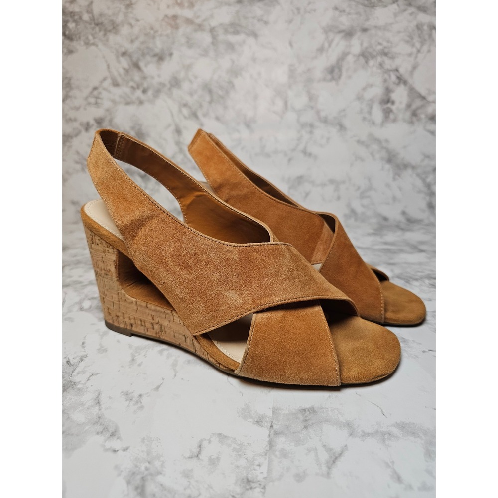 Com & Sens Missy Tan Suede Cork Wedge Slingback Sandals Womens 8M Cognac